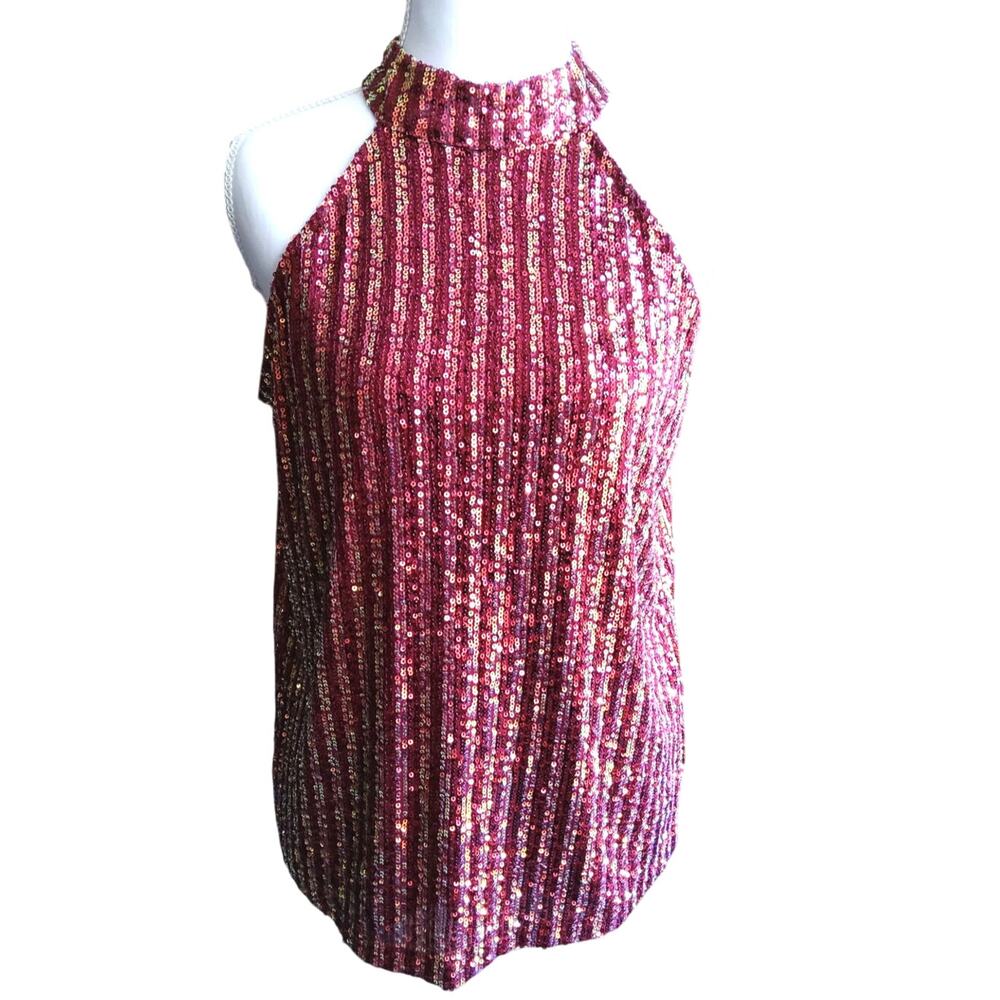 Sequin Christmas Red halterneck top sz M sleeveless gold Shimmer holidays party